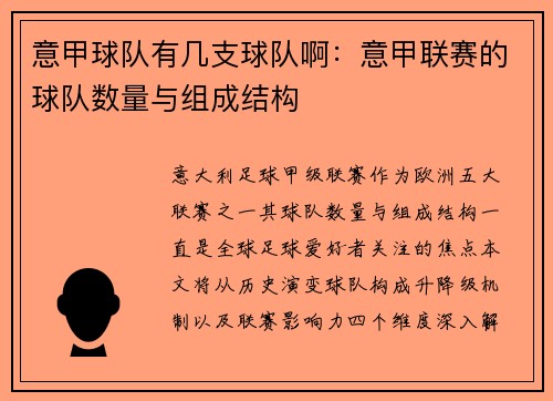 意甲球队有几支球队啊：意甲联赛的球队数量与组成结构